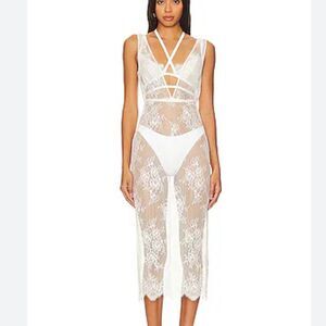 NBD Zola lace midi dress white sheer bralette bustier Revolve NWT L